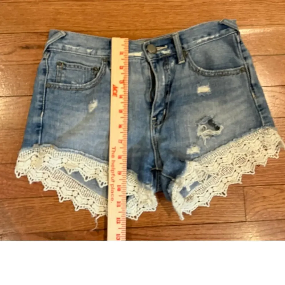 Free People Lace Trim Distressed Denim Shorts Womens 24 Boho Festival